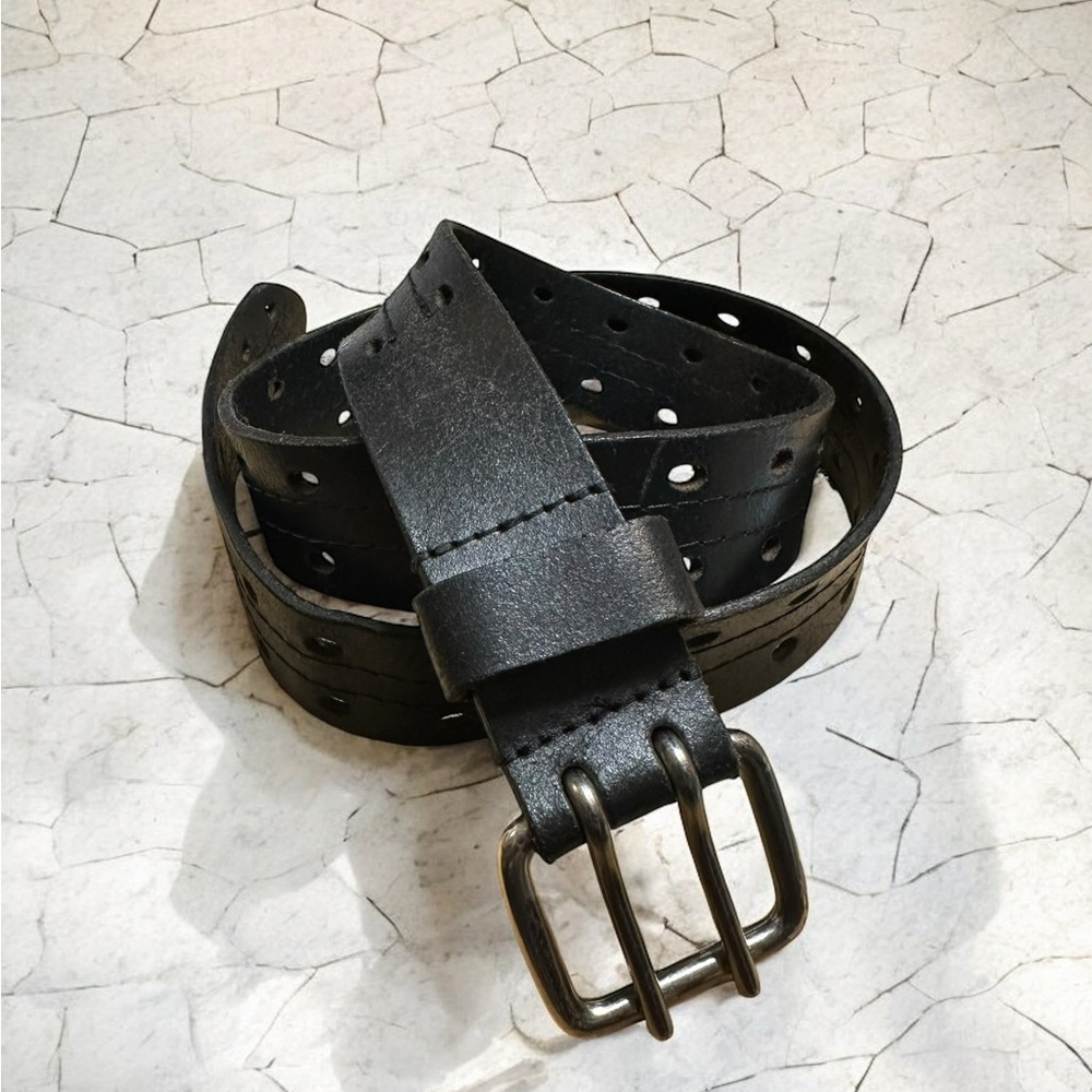 Black Leather Belt with Perforated Design and Brass Buckle Guatemala